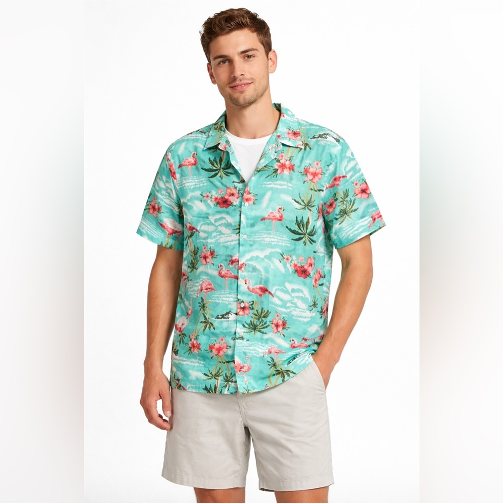 SSLR – Flamingo Hawaiian Shirt – Tropical Camp Button Up – Teal – M